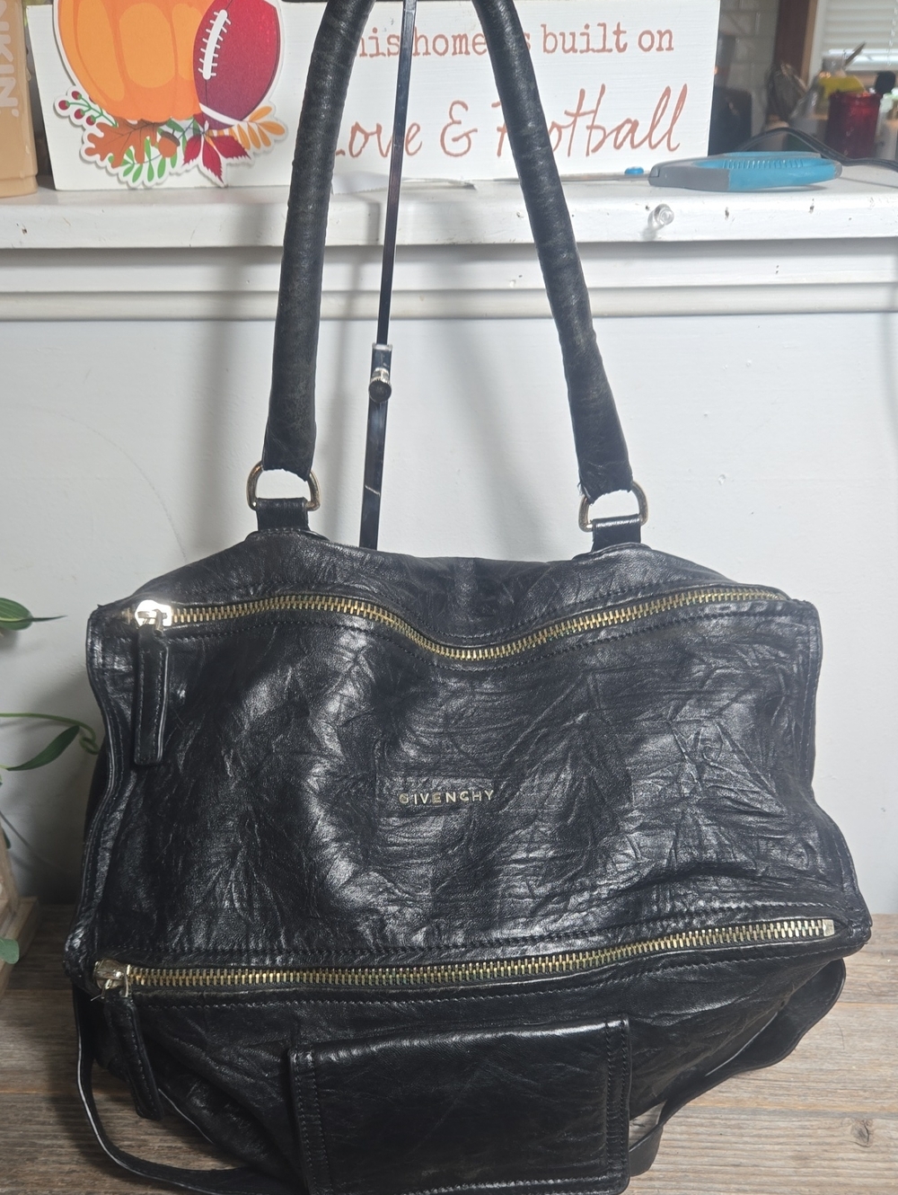 Black Crinkled Leather Convertiblr Bag with Gold Hardware